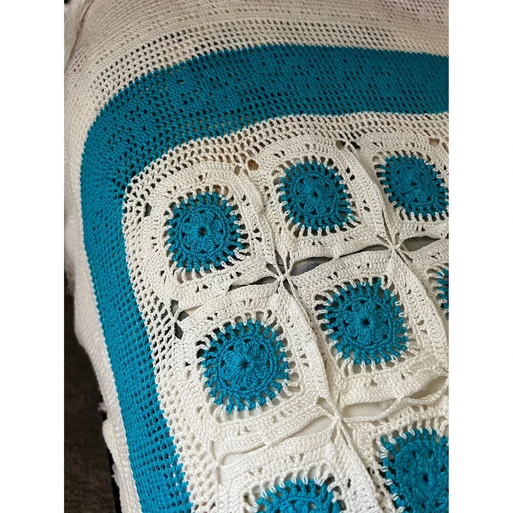Turquoise and creme afghan with 5 inch fringe